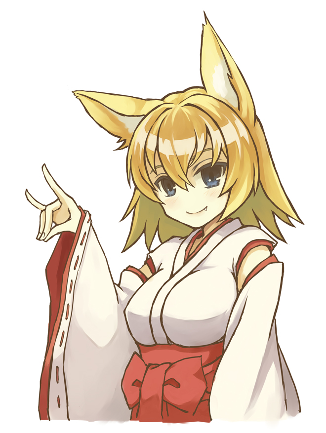 1girl, animal_ears, blonde_hair, blue_eyes, blush, breasts, fang, female_focus