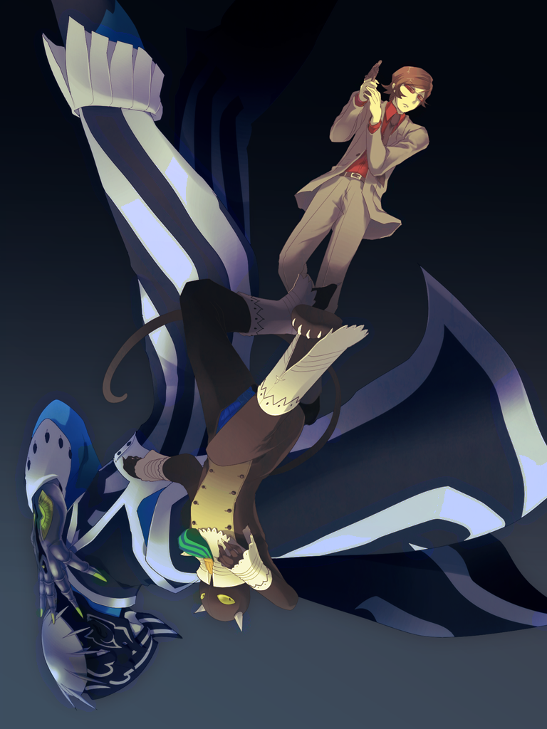 3boys, 909s, brown_hair, formal_clothes, glasses, gun, helios_(persona_2), hyperion_(persona_2)