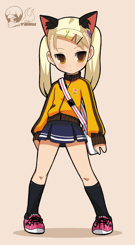 animal_ears, bag, blonde_hair, brown_eyes, cat_ears, hair_ornament, hairclip, imaizumi_teruhiko, jacket, kneehighs, long_hair, original, pink_shoes, shoes, shoulder_bag, skirt, sneakers, socks, solo, terubiko_imaizumi, track_jacket, twintails, yellow_eyes