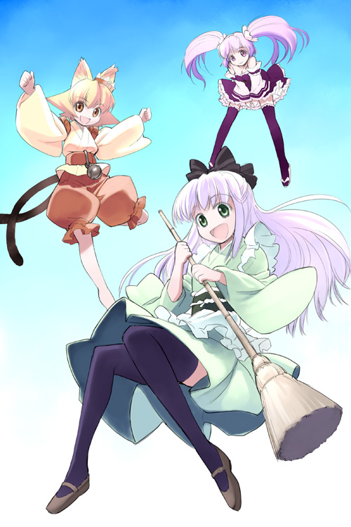 3girls, animal_ears, apron, barefoot, bell, belt, blonde_hair, bow
