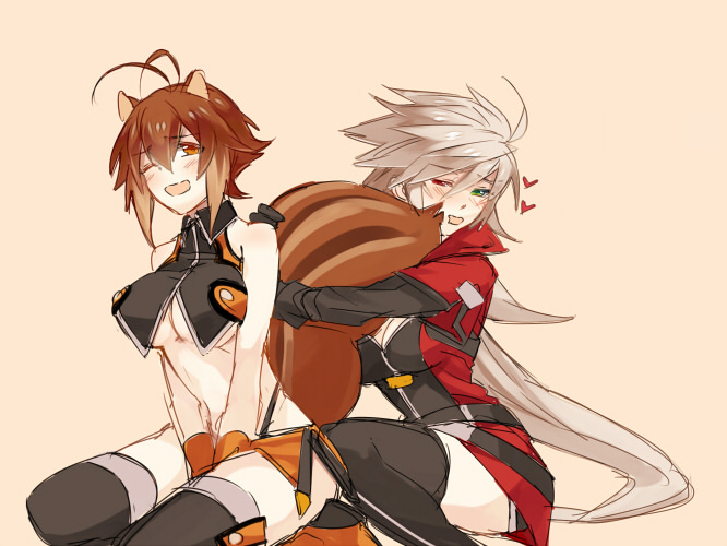 2girls, ahoge, alpha-01, animal_ears, antenna_hair, bare_shoulders, blazblue, blush