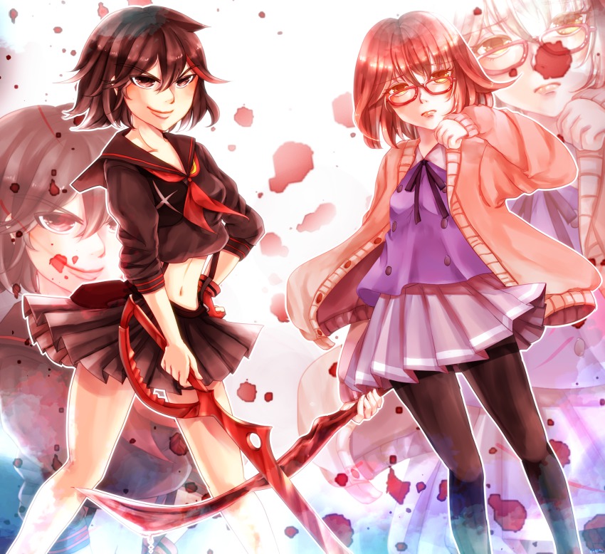 10s, 2girls, bad_id, bad_pixiv_id, black_hair, black_legwear, blood, blood_splatter, brown_eyes, brown_hair, cardigan, crossed_swords, crossover, fingerless_gloves, glasses, gloves, hand_on_own_hip, hemokinesis, highres, kill_la_kill, kuriyama_mirai, kyoukai_no_kanata, lips, matoi_ryuuko, multicolored_hair, multiple_girls, pantyhose, pleated_skirt, red-framed_eyewear, rina2627, scissor_blade_(kill_la_kill), season_connection, senketsu, short_hair, single_glove, skirt, smile, streaked_hair, sword, trait_connection, weapon, zoom_layer