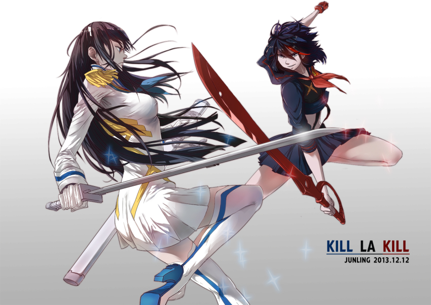 2girls, artist_name, battle, black_hair, blue_eyes, boots, copyright_name, dated, dress, epaulettes, fingerless_gloves, gloves, hair_ornament, hairclip, high_heel_boots, high_heels, jun_ling, junketsu, katana, kill_la_kill, kiryuuin_satsuki, long_hair, matoi_ryuuko, multicolored_hair, multiple_girls, red_gloves, school_uniform, scissor_blade_(kill_la_kill), scissors, senketsu, serafuku, short_dress, short_hair, single_glove, streaked_hair, sword, thigh_boots, thighhighs, weapon, white_gloves, zettai_ryouiki
