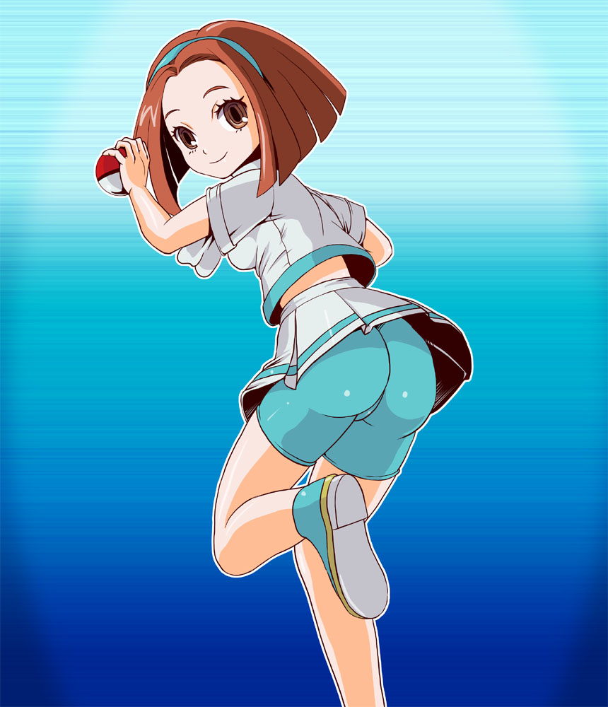 10s, 1girl, ass, bike_shorts, breasts, brown_eyes, brown_hair, from_behind, hairband, hope_trainer_(pokemon), looking_at_viewer, minakaya, nintendo, npc_trainer, poke_ball, pokemon, pokemon_x_and_y, shoes, short_hair, sideboob, skirt, smile, upskirt