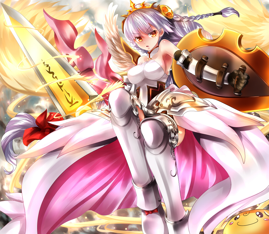 1girl, armor, bare_shoulders, breasts, female_focus, greaves, hairband, large_breasts