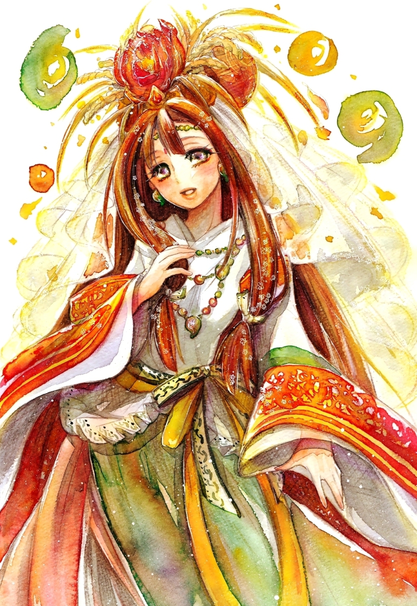 1girl, brown_hair, earrings, female_focus, hair_ornament, highres, jewelry, kushinada_(p&amp;d)