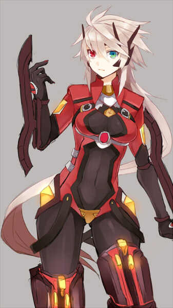 1girl, alpha-01, blazblue, gender_request, genderswap, green_eyes, heterochromia, long_hair