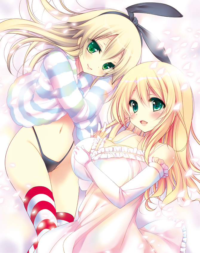 10s, 2girls, atago_(kancolle), blonde_hair, breasts, detached_sleeves, dress, green_eyes