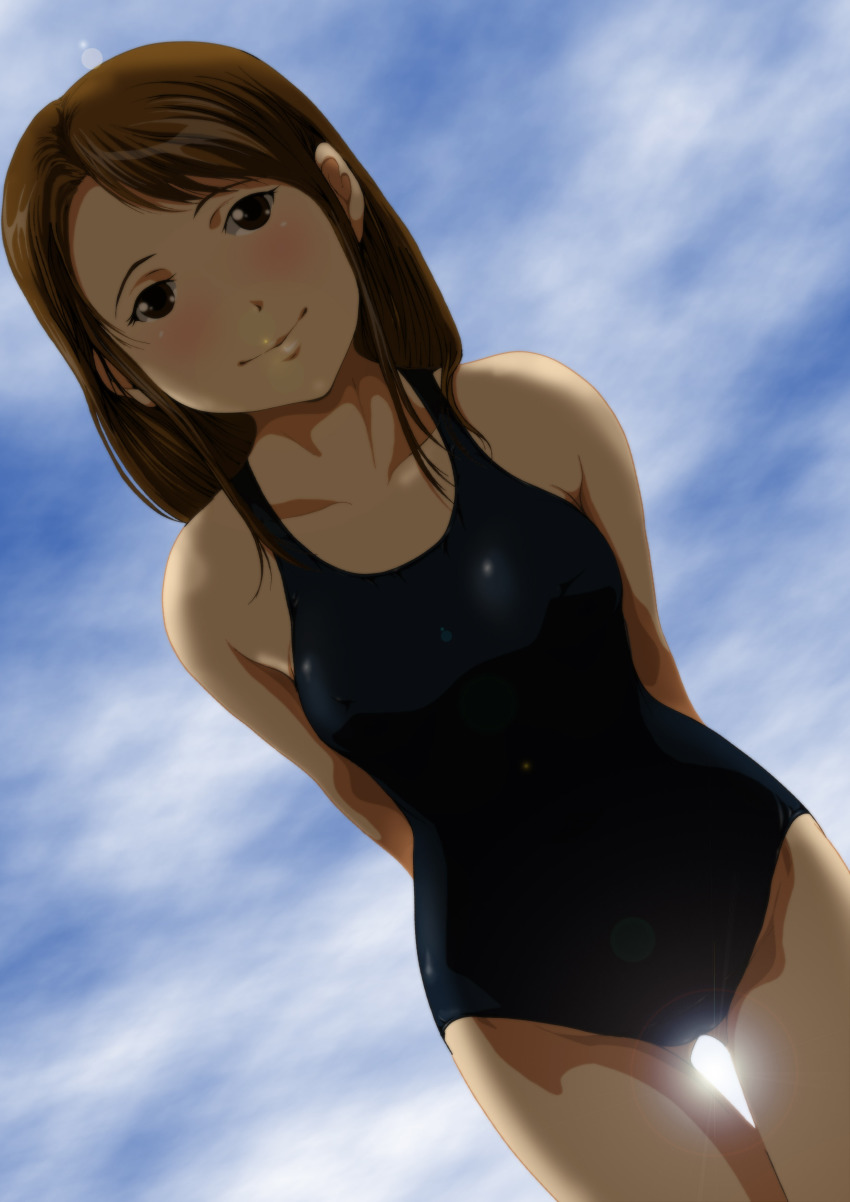 1girl, absurdres, arms_behind_back, blush, brown_eyes, brown_hair, cloud, day