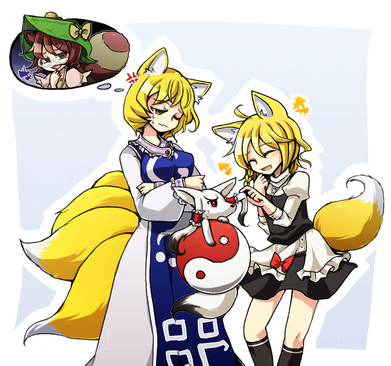 +++, 3girls, :d, ^_^, anger_vein, animal_ears, animalization, black_socks, blonde_hair, bow, braid, brown_eyes, brown_hair, closed_eyes, cosplay, crossed_arms, dress, fang, fox, fox_ears, fox_tail, futatsuiwa_mamizou, glasses, hair_tubes, hakurei_reimu, hakurei_reimu_(fox), hat, hopeless_masquerade, juliet_sleeves, kirisame_marisa, kirisame_marisa_(cosplay), kneehighs, long_sleeves, multiple_girls, multiple_tails, one_eye_closed, open_mouth, puffy_sleeves, raccoon_ears, raccoon_tail, red_eyes, side_braid, smile, socks, speech_bubble, sweat, tabard, tail, thought_bubble, touhou, wink, yakumo_ran, yellow_eyes, yin_yang, youkai_fox_(touhou), youkai_fox_(wild_and_horned_hermit), ys_(fall)