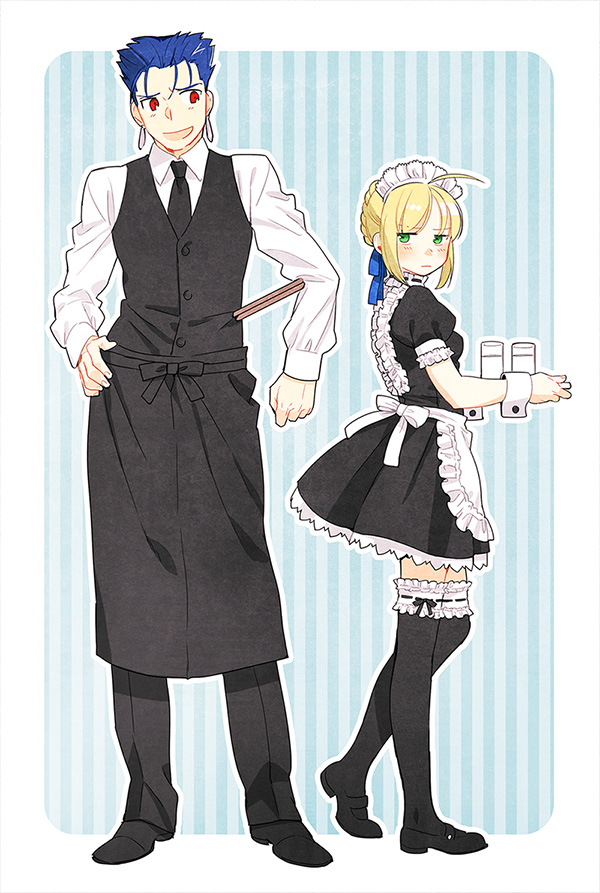 1boy, 1girl, ahoge, alternate_costume, apron, artoria_pendragon_(fate), bad_id, bad_pixiv_id