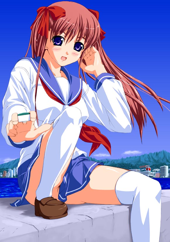 00s, 1girl, blue_eyes, blue_skirt, blue_sky, blush, boat, bow