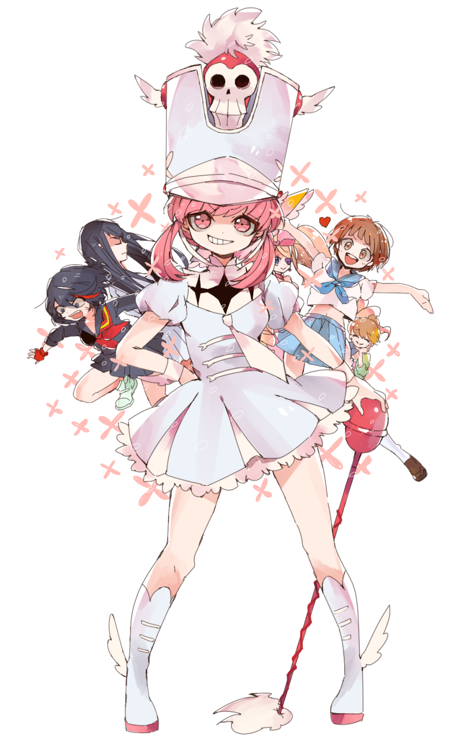 6+girls, baton, black_hair, brown_hair, conductor_baton, dress, grin, harime_nui, hat, highres, jakuzure_nonon, kill_la_kill, kiryuuin_satsuki, mam233, mankanshoku_mako, mankanshoku_sukuyo, matoi_ryuuko, multiple_girls, pink_eyes, pink_hair, school_uniform, senketsu, serafuku, shako_cap, smile, solo_focus