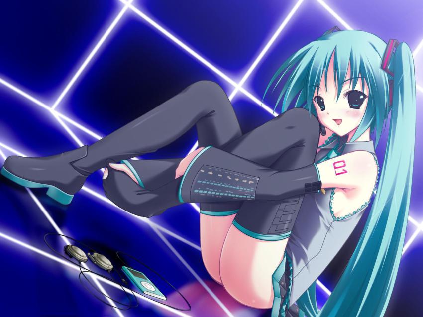 1girl, amino, aqua_eyes, aqua_hair, black_thighhighs, blush, detached_sleeves, dutch_angle