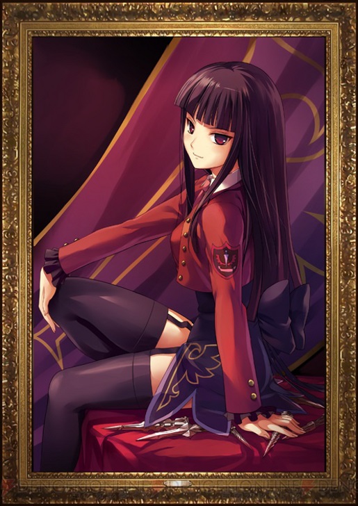 1girl, arm_support, black_hair, black_thighhighs, blazer, female_focus, framed, garter_straps, hime_cut, jacket, long_hair, looking_at_viewer, lucifer_(umineko), no_naku_koro_ni_(series), official_art, ougon_musou_kyoku, red_eyes, ryukishi07, sitting, solo, thighhighs, umineko_no_naku_koro_ni