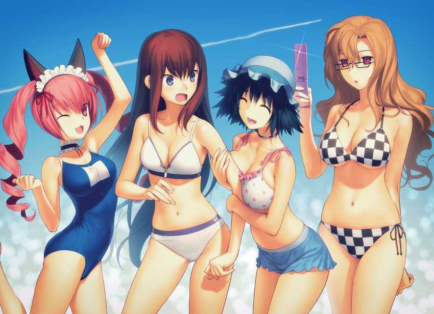 4girls, 5pb., :3, :d, :o, ;3, ;d, ^_^, akiha_rumiho, animal_ears, arm_grab, arm_up, bare_legs, bare_shoulders, bikini, bikini_skirt, black_hair, blue_eyes, blue_sky, blush, breast_press, breasts, brown_hair, cat_ears, cellphone, checkered_bikini, checkered_clothes, choker, cleavage, closed_eyes, cloud, collarbone, competition_school_swimsuit, contrail, day, drill_hair, expressionless, fake_animal_ears, faris_nyannyan, female_focus, frilled_hat, frills, glasses, glint, hair_between_eyes, happy, hat, headdress, highres, hip_focus, kiryuu_moeka, koyama_hirokazu, large_breasts, leg_up, legs, lineup, long_hair, looking_at_another, makise_kurisu, multiple_girls, name_tag, navel, neck_garter, nitroplus, one-piece_swimsuit, one_eye_closed, open_mouth, paw_pose, phone, pink_eyes, pink_hair, polka_dot, polka_dot_bikini, polka_dot_swimsuit, red_eyes, ribbon, school_swimsuit, science_adventure, shiina_mayuri, short_hair, side-tie_bikini_bottom, skindentation, sky, smile, sparkle, standing, steins;gate, surprised, swimsuit, thigh_gap, thighs, twin_drills, twintails, white_bikini, wink, zipper