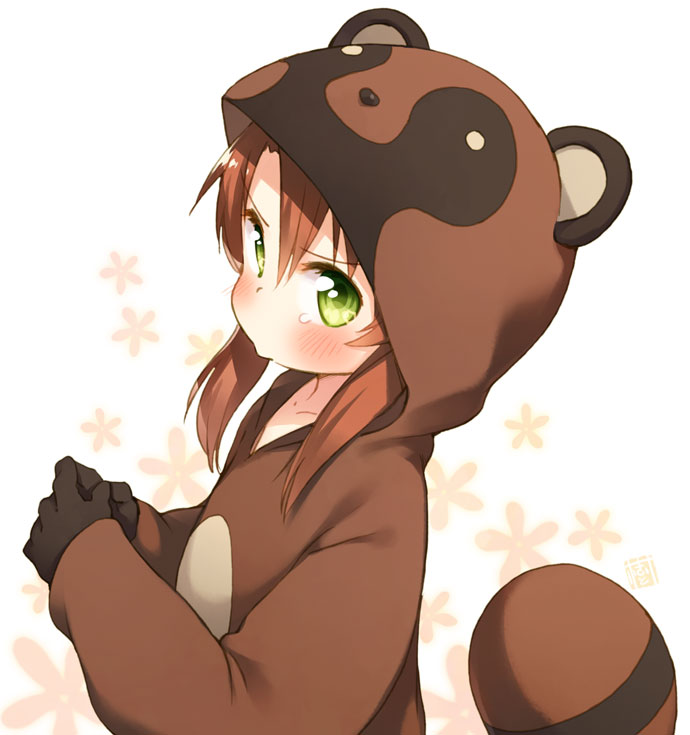 1girl, animal_costume, blush, brown_hair, brown_theme, female_focus, gloves, green_eyes