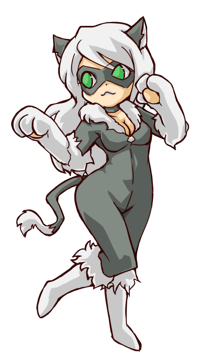 1girl, animal_ears, black_cat_(marvel), breasts, cat_ears, chibi, domino_mask, eye_mask, felicia_hardy, gloves, highres, marvel, mask, okuri_ookami, paw_gloves, spider-man_(series), tail, white_hair