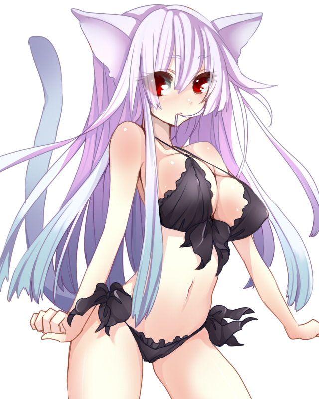 1girl, animal_ears, bare_shoulders, blue_hair, blush, body_blush, breasts, cat_ears, cat_tail, cleavage, female_focus, front-tie_top, gradient_hair, large_breasts, long_hair, multicolored_hair, navel, original, purple_hair, red_eyes, saibashi, shiny_skin, solo, strap_gap, tail