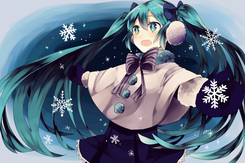 1girl, earmuffs, female_focus, green_eyes, green_hair, hatsune_miku, jjjtttjjj, long_hair