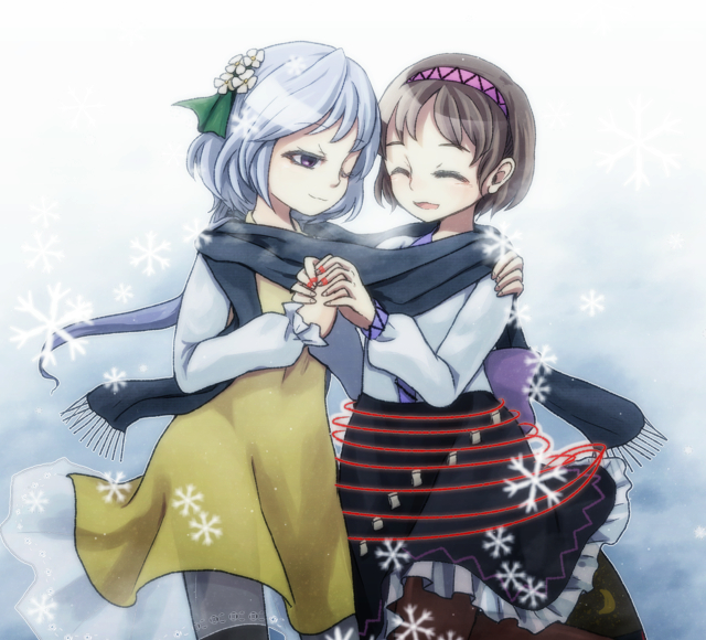 2girls, ^_^, bad_id, bad_pixiv_id, black_legwear, blue_hair, brown_eyes, brown_hair