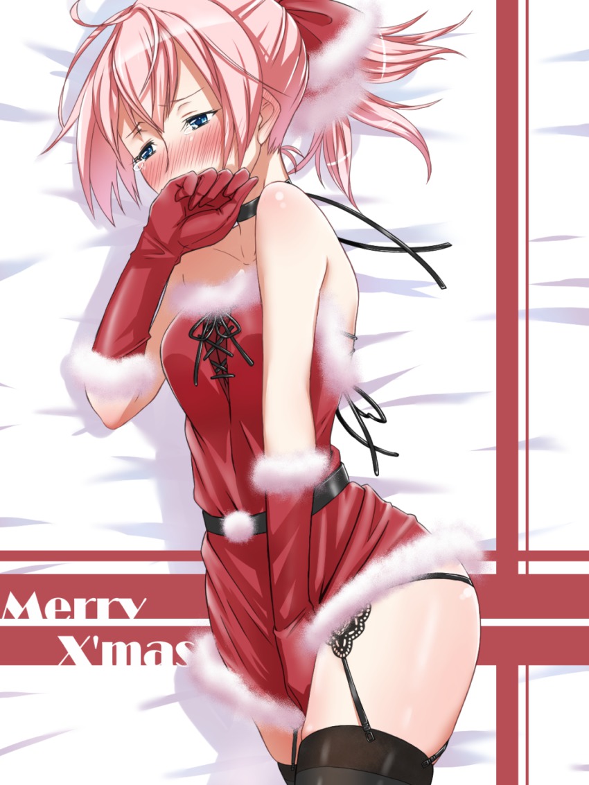 10s, 1girl, alternate_costume, blue_eyes, blush, christmas, covering_crotch, covering_own_mouth