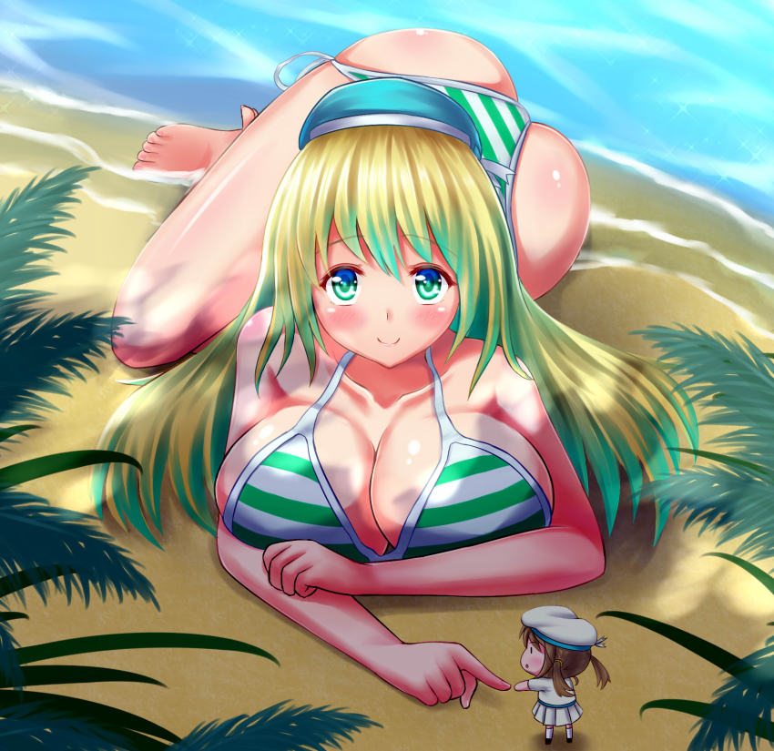 10s, 1girl, atago_(kancolle), barefoot, beach, bikini, blonde_hair, breasts