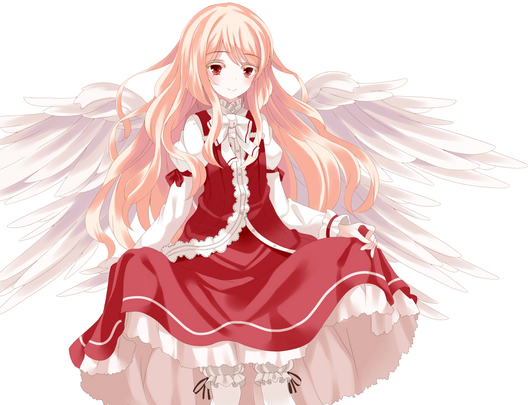 1girl, alternate_costume, alternate_hair_color, angel_wings, arm_strap, blonde_hair, bloomers, curtsey, female_focus, holding_own_skirt, juliet_sleeves, long_hair, long_sleeves, multiple_wings, nanatuki13, puffy_sleeves, red_eyes, sariel_(touhou), shirt, simple_background, skirt, skirt_set, smile, solo, touhou, touhou_(pc-98), underwear, very_long_hair, vest, white_background, wings