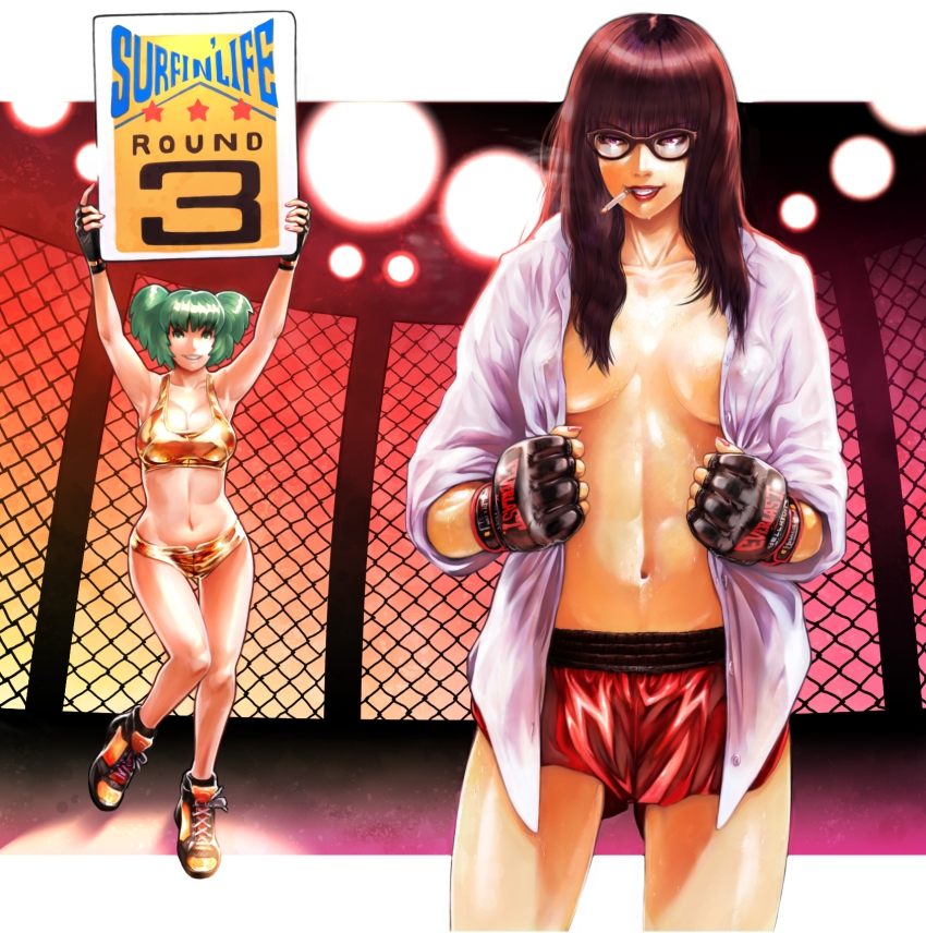 2girls, bikini, boxer, boxing_gloves, breasts, brown_hair, chain-link_fence, cigarette