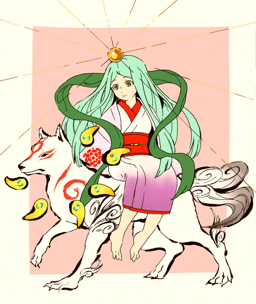 1girl, amaterasu_(ookami), amaterasu_(p&amp;d), animal_ears, aqua_hair, green_eyes, guuko, japanese_clothes
