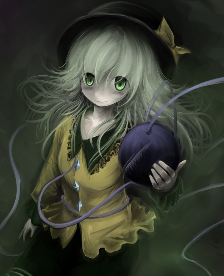 1girl, bad_id, bad_pixiv_id, creepy, closed_eyes, green_eyes, green_hair, highres, horror_(theme), komeiji_koishi, momen102_(sji09u), third_eye, touhou
