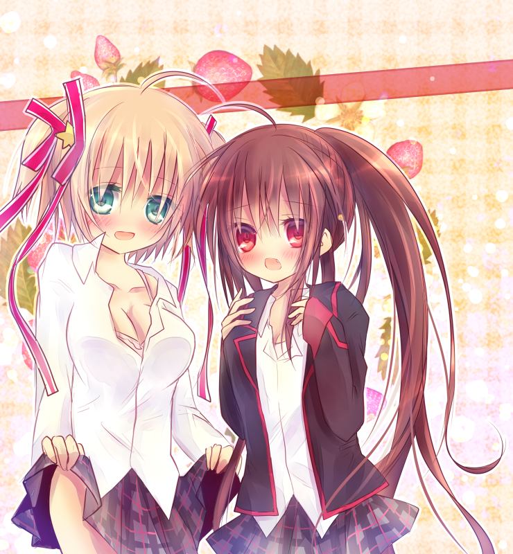 2girls, bad_id, bad_pixiv_id, blonde_hair, brown_hair, green_eyes, hina_(ohinao), kamikita_komari
