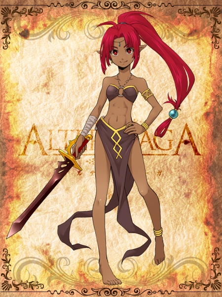 1girl, abs, afiryka_aries, aino_yumeri, anklet, armlet, barefoot, bikini, bikini_top_only, black_bikini, bracelet, circlet, dark-skinned_female, dark_skin, elf, female_focus, hair_ornament, hand_on_own_hip, jewelry, loincloth, long_hair, lots_of_jewelry, muscular, navel, original, pointy_ears, ponytail, red_eyes, red_hair, sanzenkai_no_avatar, smile, solo, swimsuit, sword, very_dark_skin, weapon, wrist_wrap