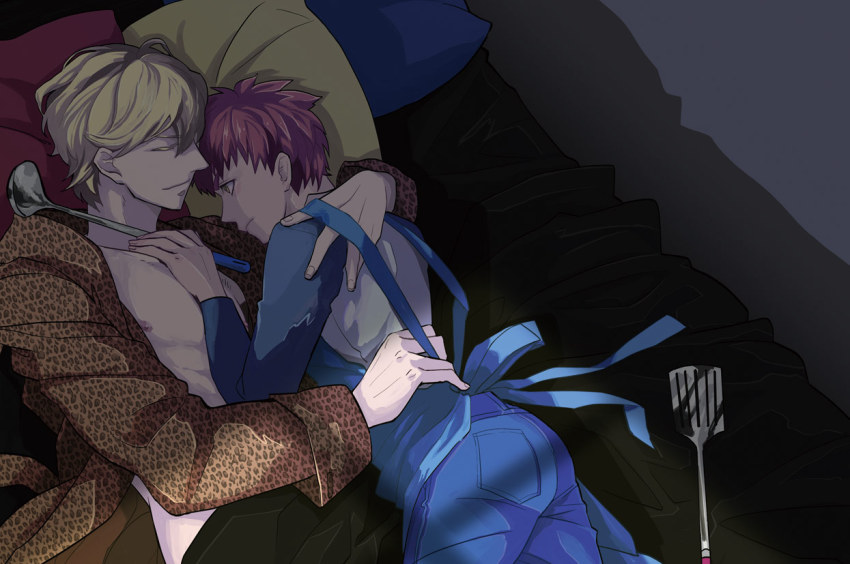 2boys, animal_print, apron, az2nd, bad_id, bad_pixiv_id, blonde_hair, emiya_shirou