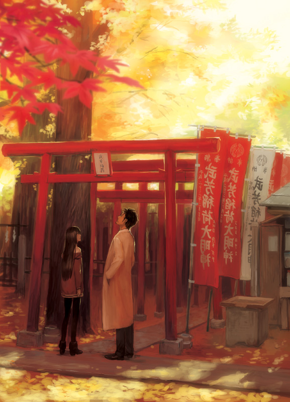 1boy, 1girl, ankle_boots, autumn, bad_id, bad_pixiv_id, black_hair, boots