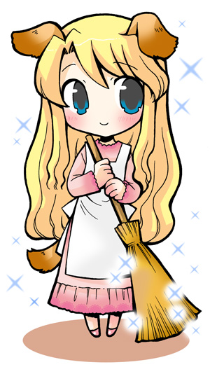 1girl, animal_ears, apron, blonde_hair, blue_eyes, blush, broom, dog_ears