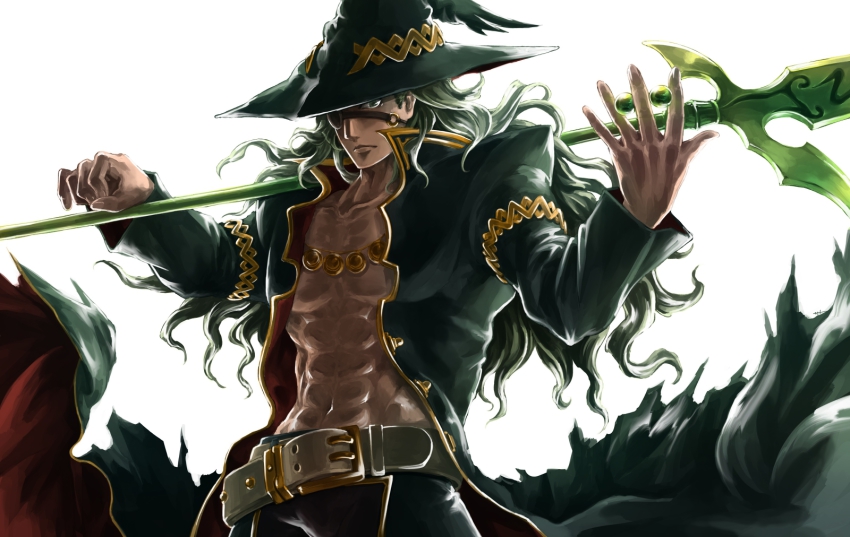 1boy, bare_pectorals, belt, eyepatch, food_fighter_441, green_eyes, green_hair, gungho_online_entertainment