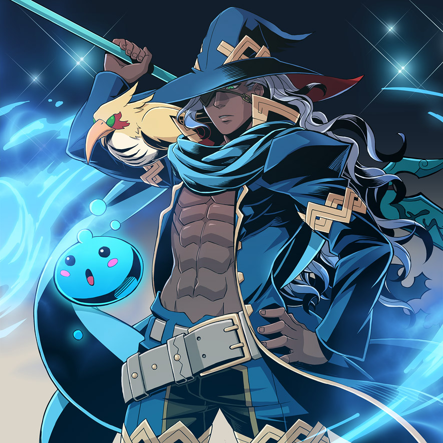 1boy, bare_pectorals, belt, bird, blue_eyes, bubblie, dark_skin, eyepatch