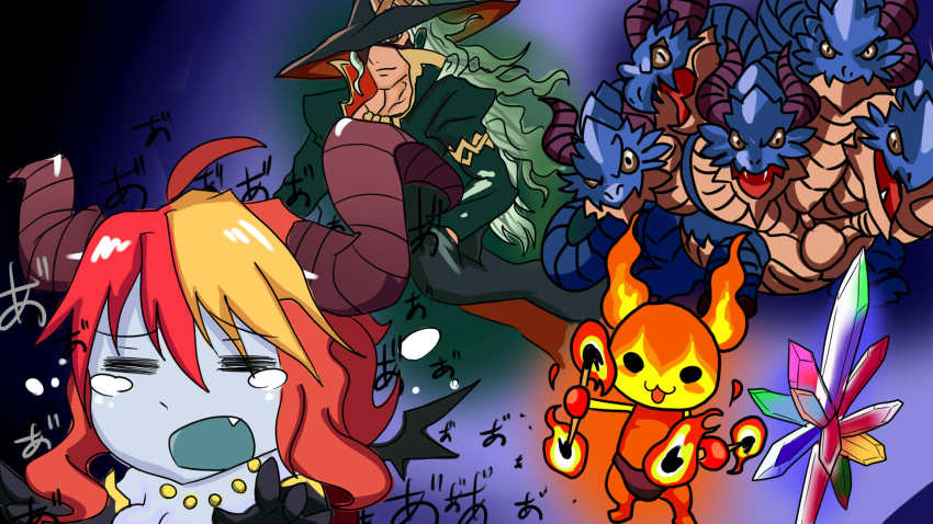 blue_skin, colored_skin, green_hair, gungho_online_entertainment, hat, hera_(p&amp;d), highres, horns