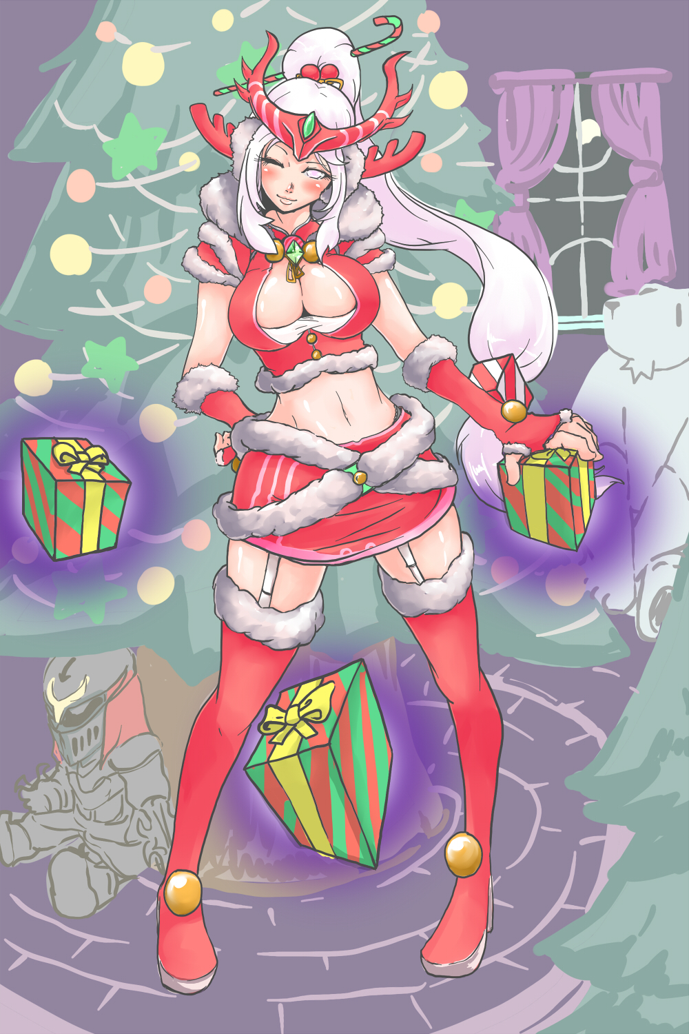 1girl, alternate_costume, alternate_hairstyle, antlers, blush, boots, bow, breasts
