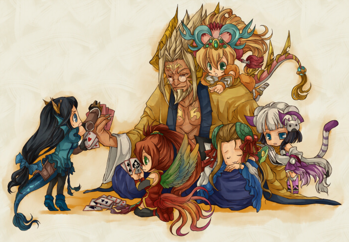 96dog, bare_pectorals, black_hair, blonde_hair, blue_eyes, china_dress, chinese_clothes, dress, fagan_(p&amp;d), glasses, green_eyes, haku_(p&amp;d), horns, karin_(p&amp;d), leilan_(p&amp;d), meimei_(p&amp;d), open_clothes, open_shirt, pectorals, ponytail, puzzle_&amp;_dragons, red_hair, sakuya_(p&amp;d), shirt, tail, white_hair, wings