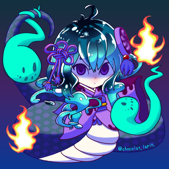 blue_hair, fire, ghost, hamahime_(p&amp;d), japanese_clothes, kimono, pout, purple_hair