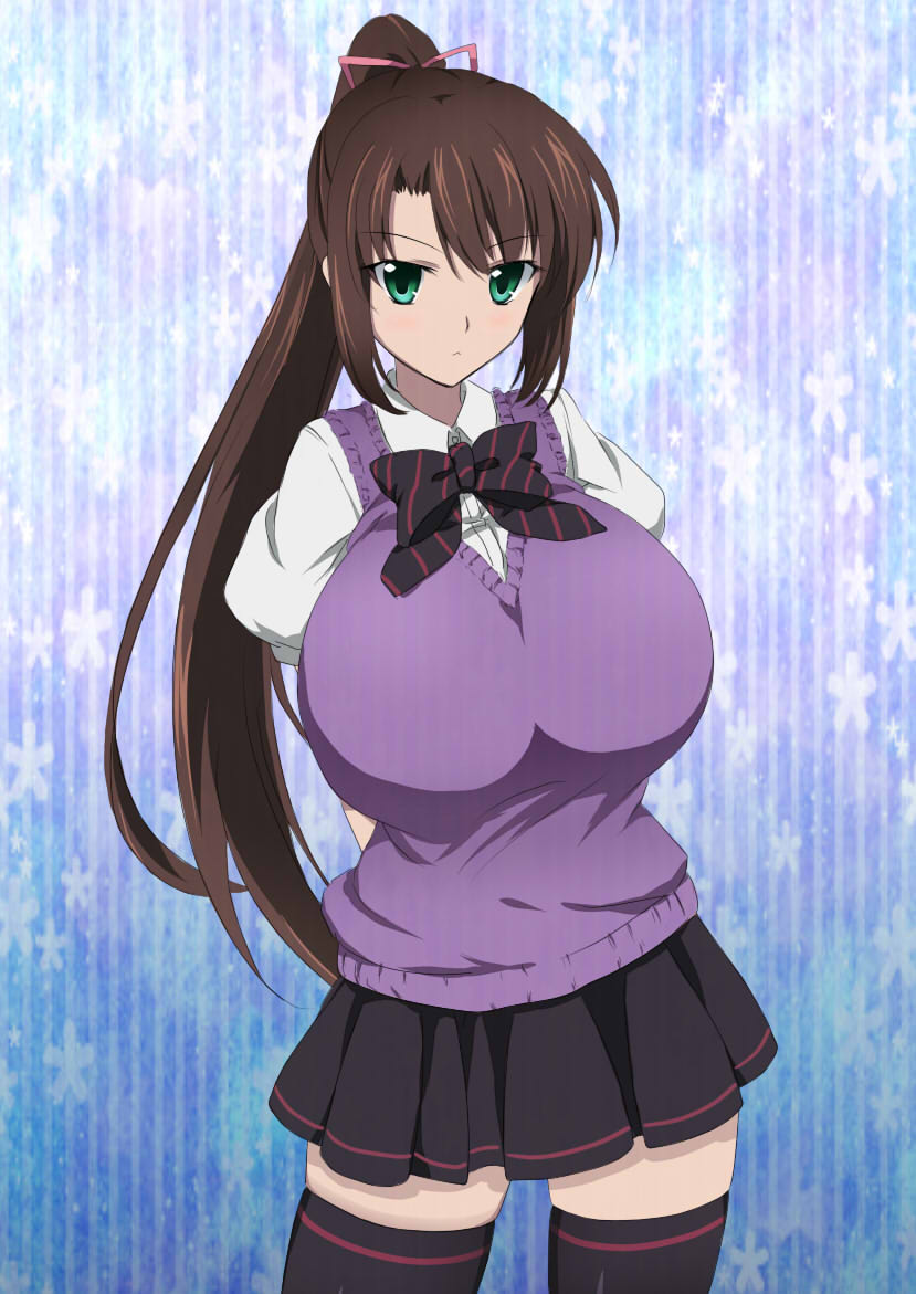 10s, 1girl, breasts, brown_hair, female_focus, green_eyes, hair_ribbon, huge_breasts