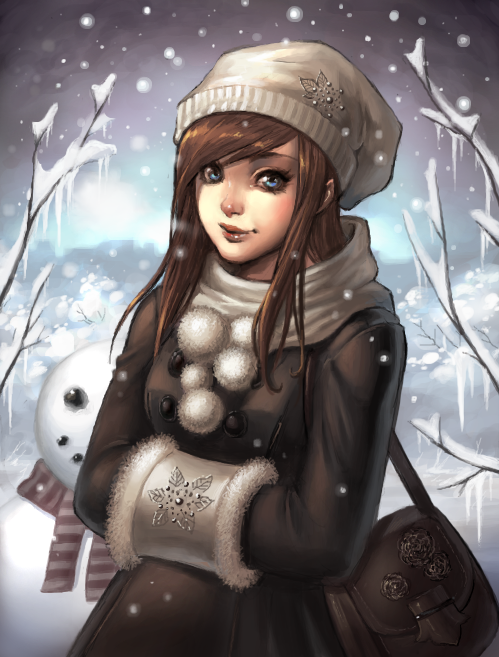 1girl, bag, blue_eyes, brown_bag, brown_coat, brown_dress, brown_hair, buttons, coat, coat_dress, double-breasted, dress, fur_muff, hat, icicle, kasia_nie, knit_hat, lips, long_hair, long_sleeves, looking_at_viewer, muff, nose, oekaki, original, satchel, scarf, smile, snow, snowing, snowman, swept_bangs, upper_body, white_hat, white_scarf, winter