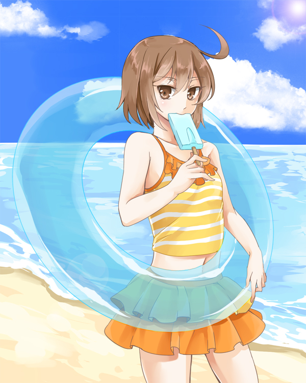 1girl, ahoge, alternate_costume, bad_id, bad_pixiv_id, beach, brown_eyes, brown_hair