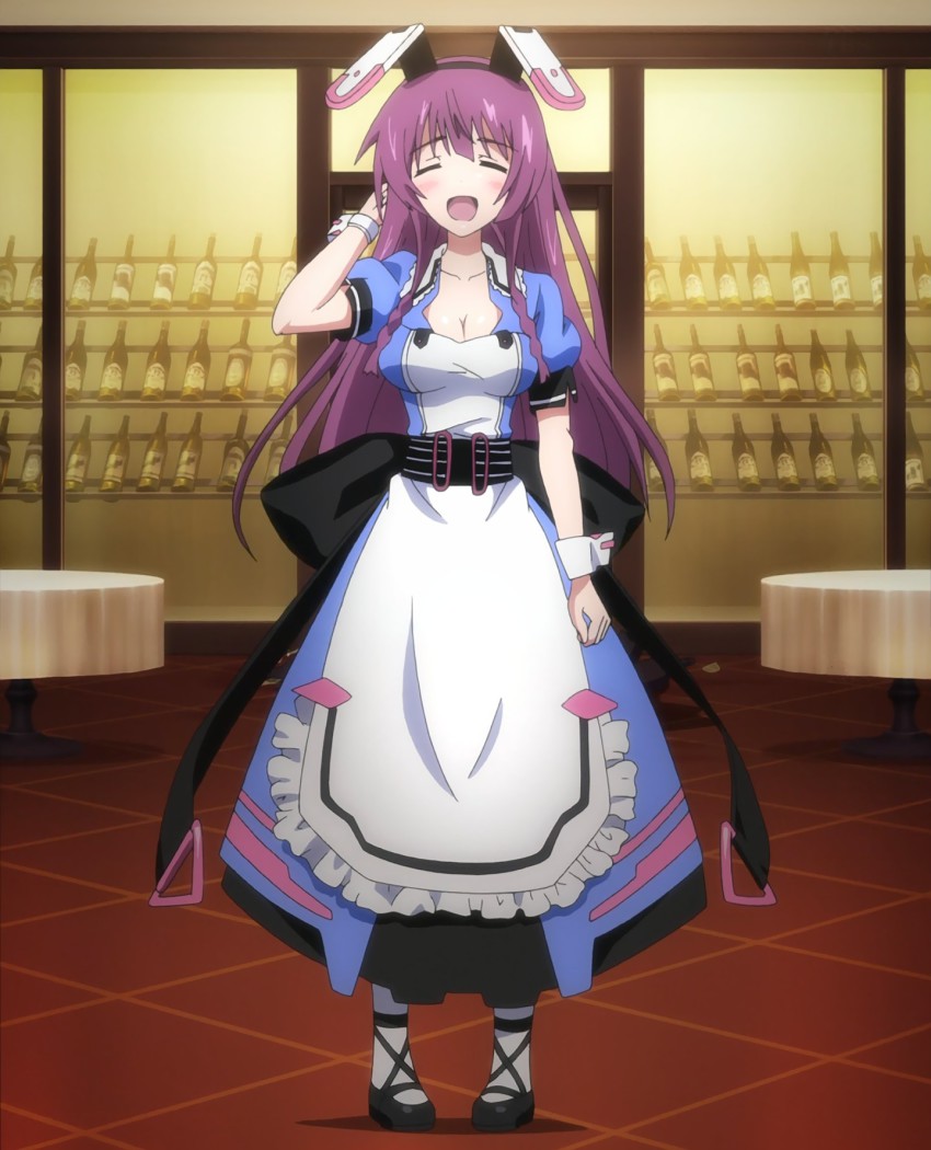 10s, 1girl, animal_ears, anime_screenshot, apron, blush, breasts, cleavage