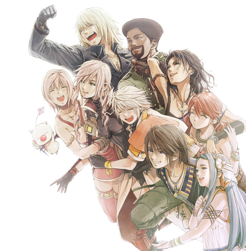 10s, 5girls, ^_^, beads, closed_eyes, everyone, final_fantasy, final_fantasy_xiii, hope_estheim, jewelry, lightning_farron, lightning_returns:_final_fantasy_xiii, multiple_girls, natsu_mikan_(level9), necklace, noel_kreiss, oerba_dia_vanille, oerba_yun_fang, paddra_nsu-yeul, prayer_beads, sazh_katzroy, serah_farron, snow_villiers, thighhighs, white_background