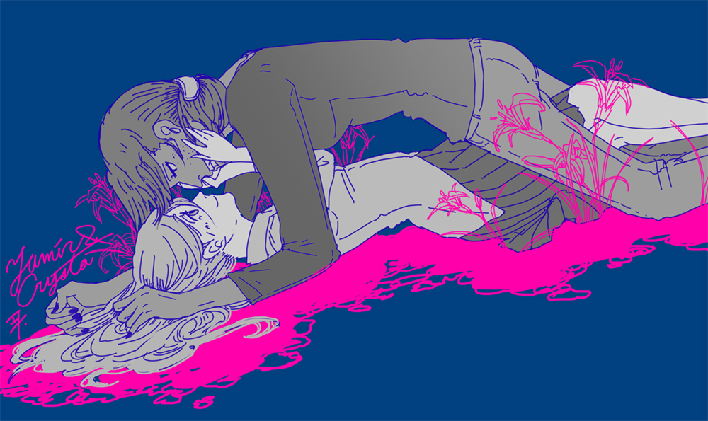 2girls, bad_id, bad_pixiv_id, blue_background, character_name, krista_lenz, couple, eri_na