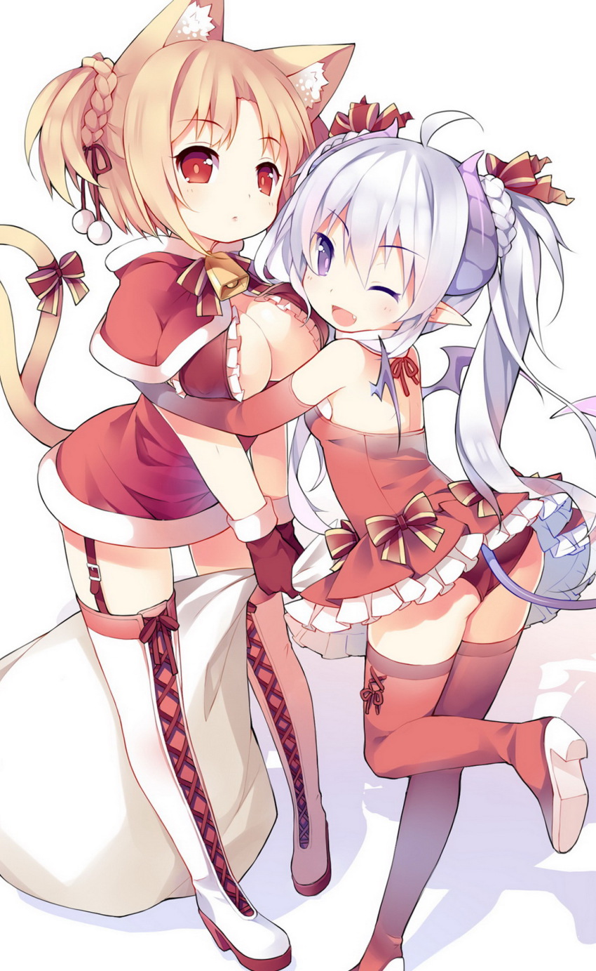 2girls, ;d, ahoge, animal_ears, blonde_hair, boots, bow, braid