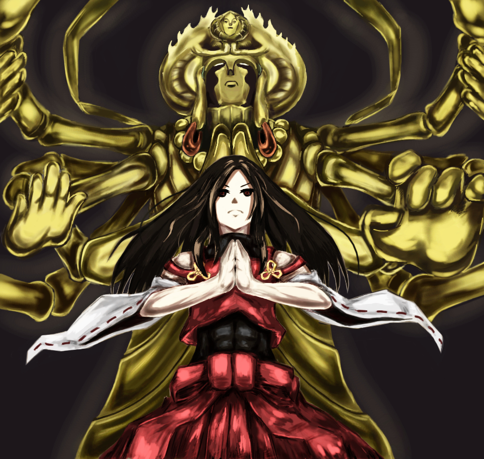 1girl, bad_id, bad_pixiv_id, black_hair, detached_sleeves, erodotosu, female_focus, hakama